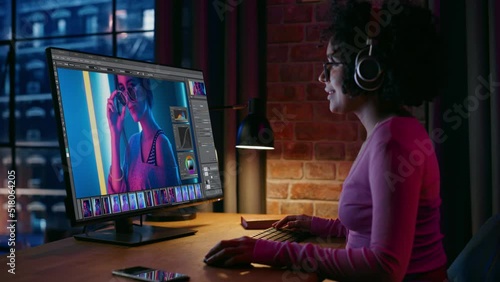 Professional Black Woman Working on Desktop Computer, Editing Photos, Videos in Home Office. Creative Brazilian Artist Retouching Cool Photoshoot, Neon Color, Creating Brand Style, Social Media Image