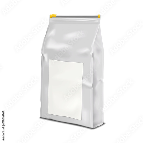 Flat bottom plastic pouch with blank paper label sticker and top slider seal vector mock-up. Product packaging zip bag realistic mockup. Template for design
