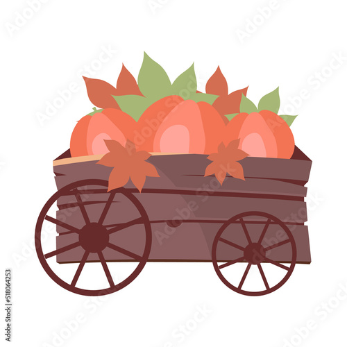 Wagon with pumpkins and red leaves semi flat color vector object. Autumn fair. Full sized item on white. Market simple cartoon style illustration for web graphic design and animation
