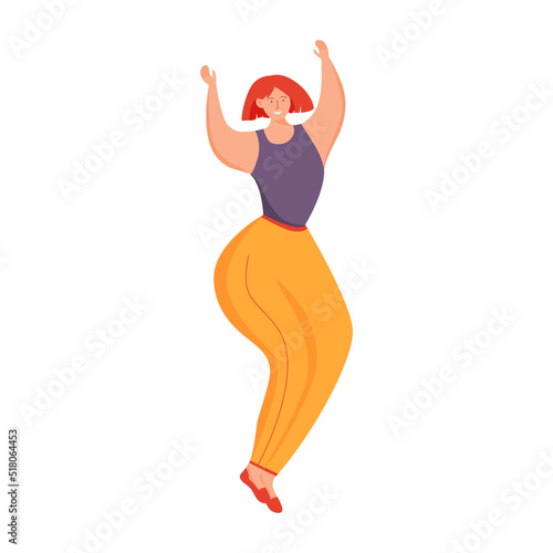 Dancing redhead woman semi flat color vector character. Party. Posing figure. Full body person on white. Good mood simple cartoon style illustration for web graphic design and animation