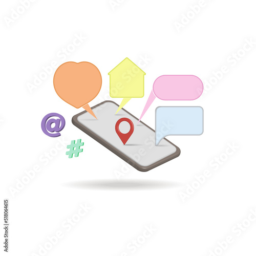 The concept of a communication platform in Online social networks. 
A phone with different applications. 3d vector graphics.