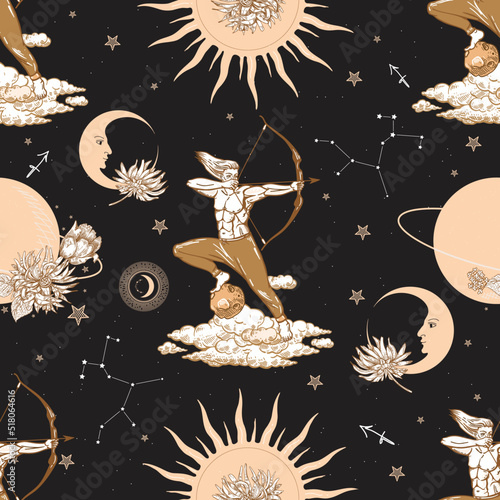 Zodiac constellation Sagittarius. Seamless pattern. The zodiac constellation Pisces. Seamless pattern.