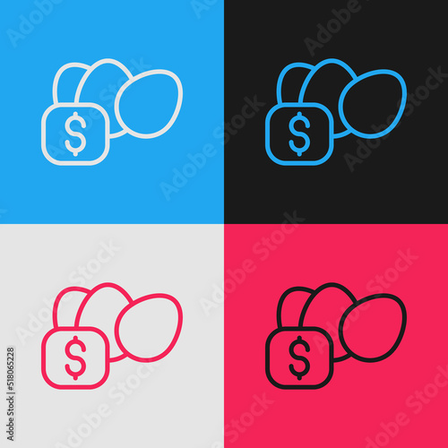 Pop art line Price tag for chicken egg icon isolated on color background. Vector