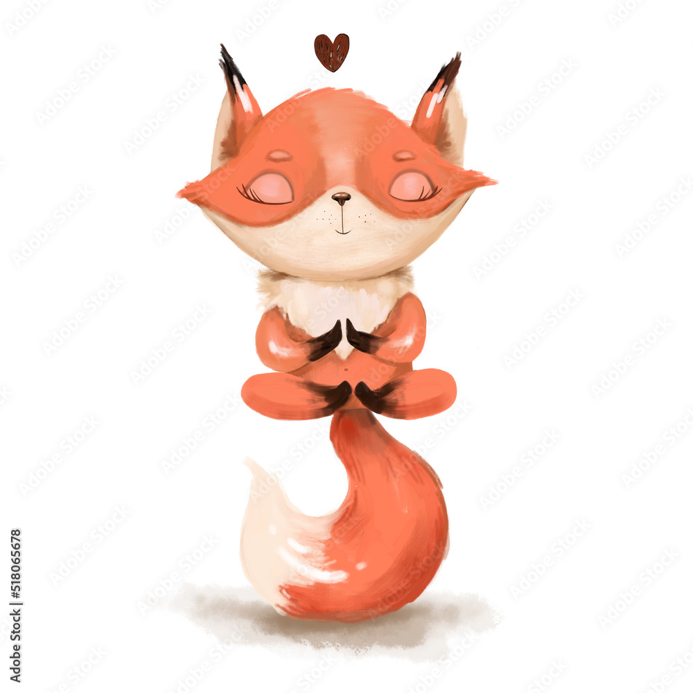 Fototapeta premium Cute meditation yoga wild Scandinavian fox cartoon childish nursery adorable animal hand drawn illustration clipart.