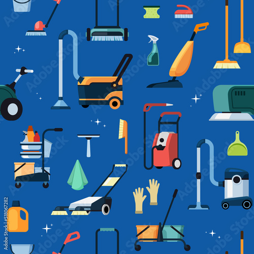 cleaning service pattern. mops rags and vacuum industrial cleaner. Vector seamless background