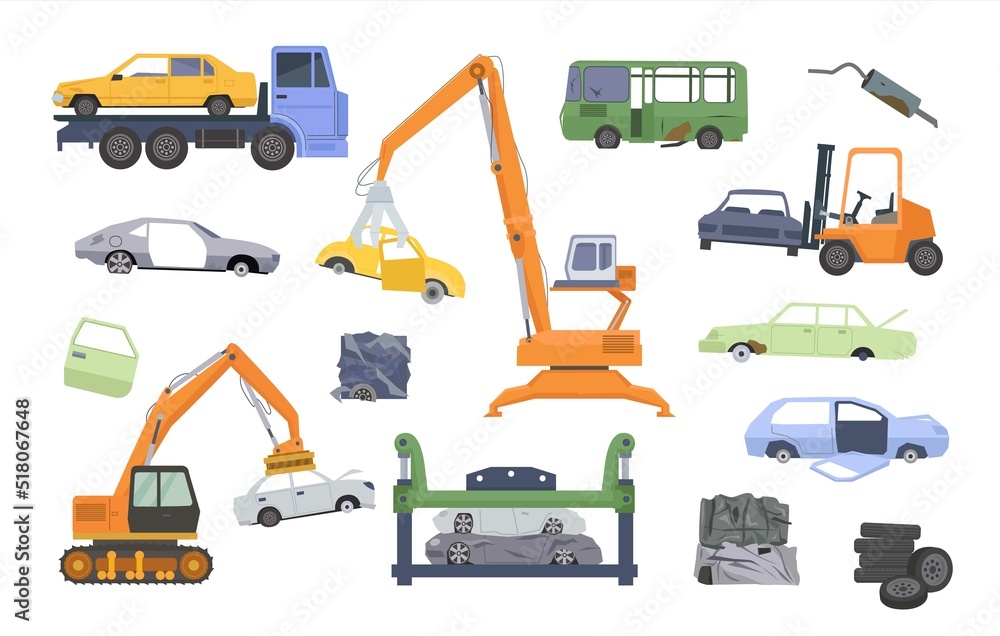 damaged cars. vector crushed vehicles evacuation and steel recycling industry after road accident. Vector pictures set
