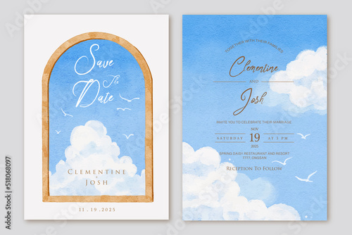 Set of wedding invitation with wooden window blue sky panorama background