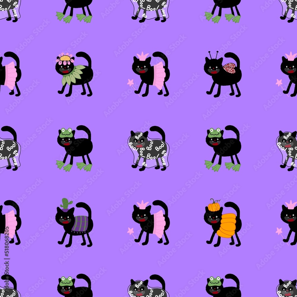 Fototapeta premium Halloween black cats seamless pattern for clothes print and wrapping and accessories and fabrics and kids and festive