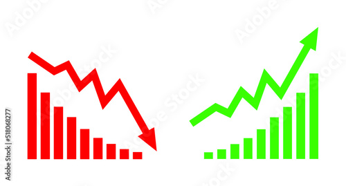 Graph going Up and Down sign with green and red arrows vector. Flat design vector illustration concept of sales bar chart symbol icon with arrow moving down and sales bar chart with arrow moving up. 