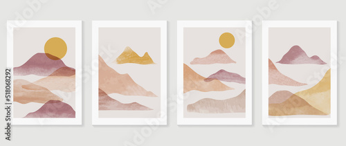 Set of abstract landscape wall art vector. Mountains, hills, sunset view, fall season in watercolor texture. Autumn season wall decoration collection design for interior, poster, cover, banner.