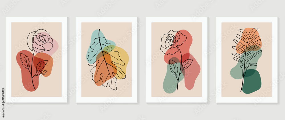 Set of abstract foliage wall art vector. Leaves, organic shapes, rose flowers, leaf branch in line art style. Autumn season wall decoration collection design for interior, poster, cover, banner.