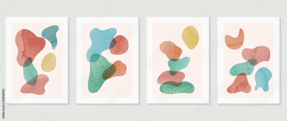 Set of abstract shapes wall art vector. Earth tone colors, organic shapes, colorful in watercolor texture. Autumn season wall decoration collection design for interior, poster, cover, banner.