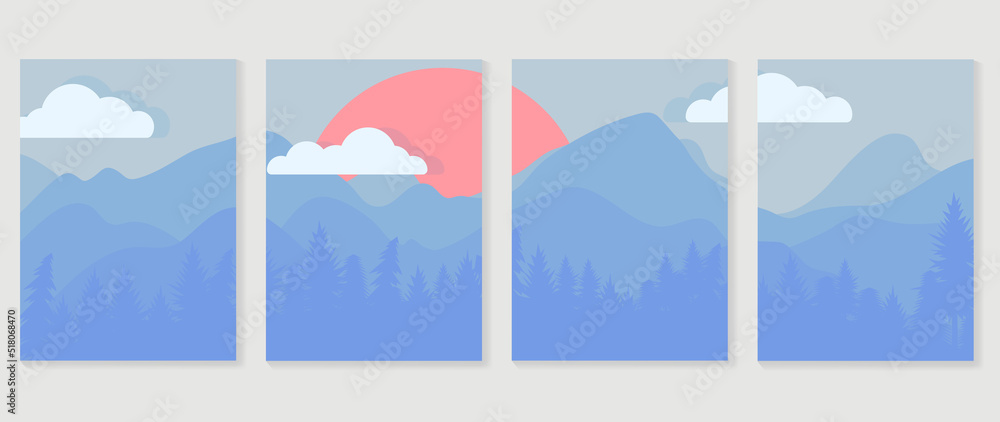 Set of abstract landscape wall art vector. Mountains, hills, pine forest, panorama sunset in fall season. Autumn landscape wall decoration collection design for interior, poster, cover, banner.