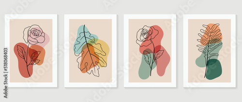 Set of abstract foliage wall art vector. Leaves, organic shapes, rose flowers, leaf branch in line art style. Autumn season wall decoration collection design for interior, poster, cover, banner.