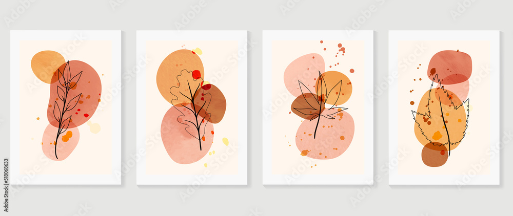 Set of luxury foliage wall art vector. Maple, oak leaves, shapes, earth tone colors, leaf branch in watercolor. Autumn season wall decoration collection design for interior, poster, cover, banner. Set of luxury foliage wall art vector. Maple, oak leaves, shapes, earth tone colors, leaf branch in watercolor. Autumn season wall decoration collection design for interior, poster, cover, banner.
