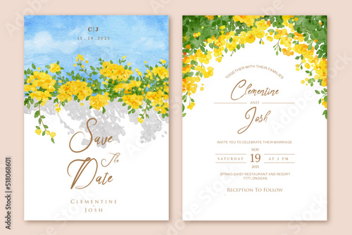 Murais de parede Hand drawn yellow bougainvillea flower bloom wedding invitation set template