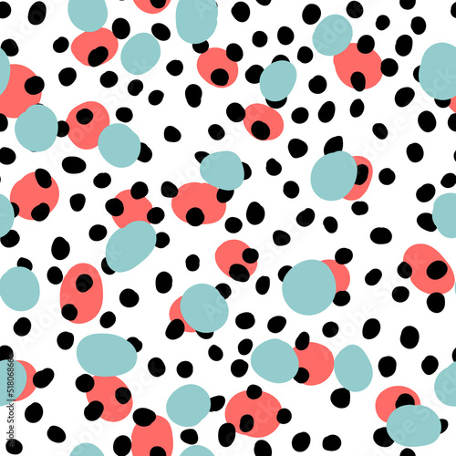 Abstract hand drown polka dots background. White dotted seamless pattern with color circles. Template design for invitation, poster, card, flyer, textile, fabric