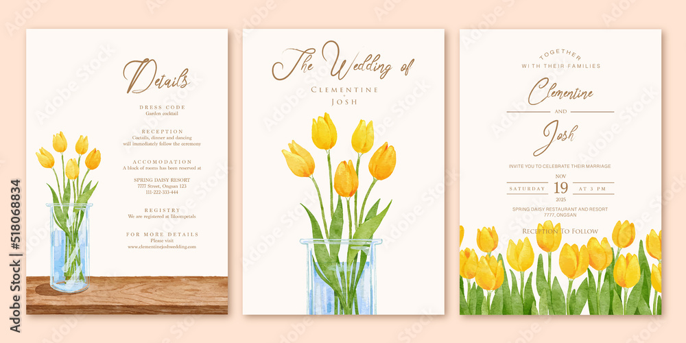 Watercolor yellow tulip flowers vase set wedding invitation template - obrazy, fototapety, plakaty 