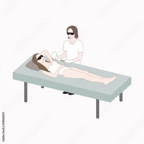 Laser hair removal of the armpit, a woman on a full-length couch on procedures to remove unwanted hair. Vector illustration, poster for beauty salon, cosmetic procedures
