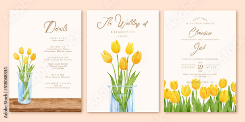 Watercolor yellow tulip flowers vase set wedding invitation template #518068834