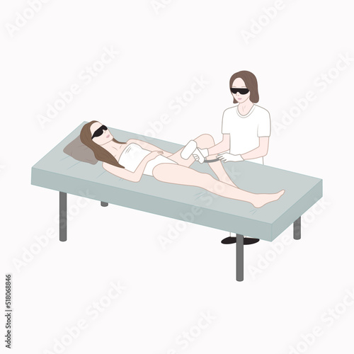 Laser hair removal of the bikini zone, two characters, salon hair removal, vector flat illustration of the salon procedure