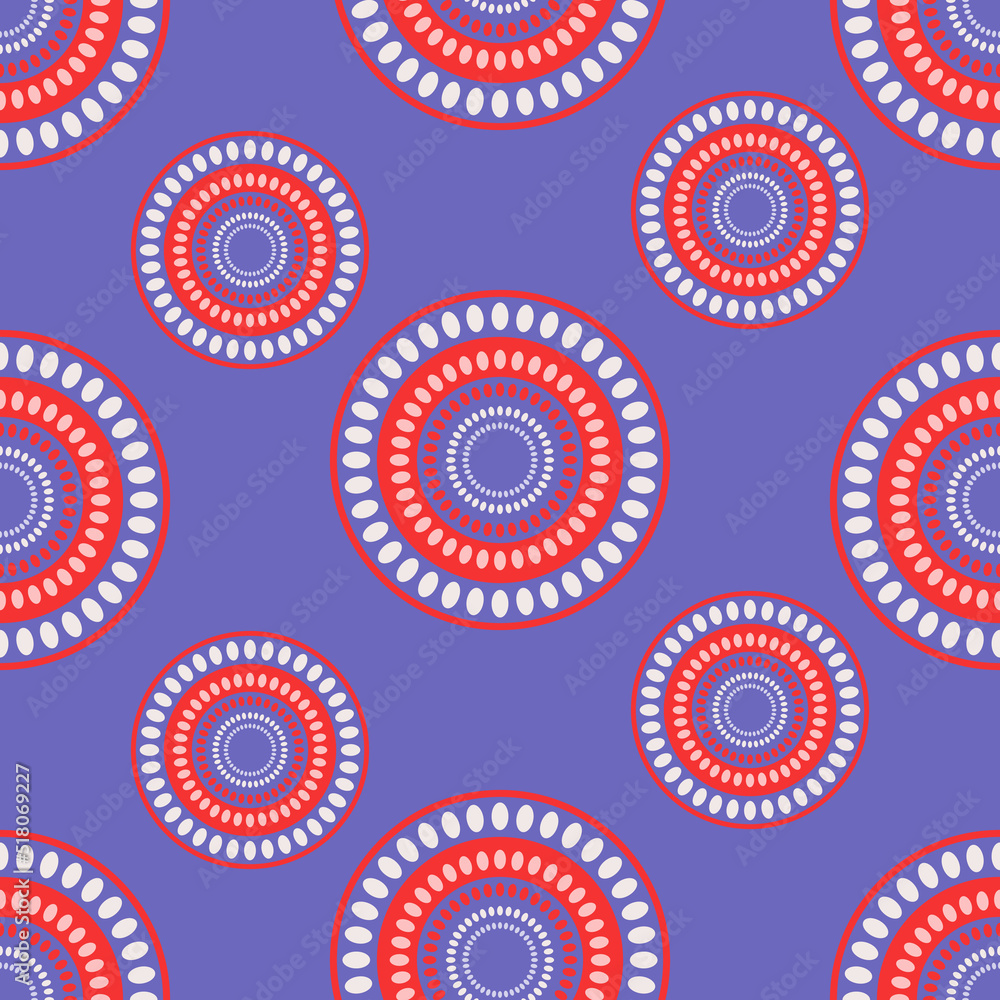 Seamless pattern with geometric aboriginal ornament. Ethnic tribal rounded color background. Afican, australian motiph. Dots painting. Vector illustration, template design for cloth, card, fabric