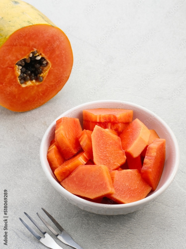 Healthy and fresh cut papaya fruit or sliced papaya, served in a bowl
Healthy and fresh cut papaya fruit or sliced papaya, served in a bowl