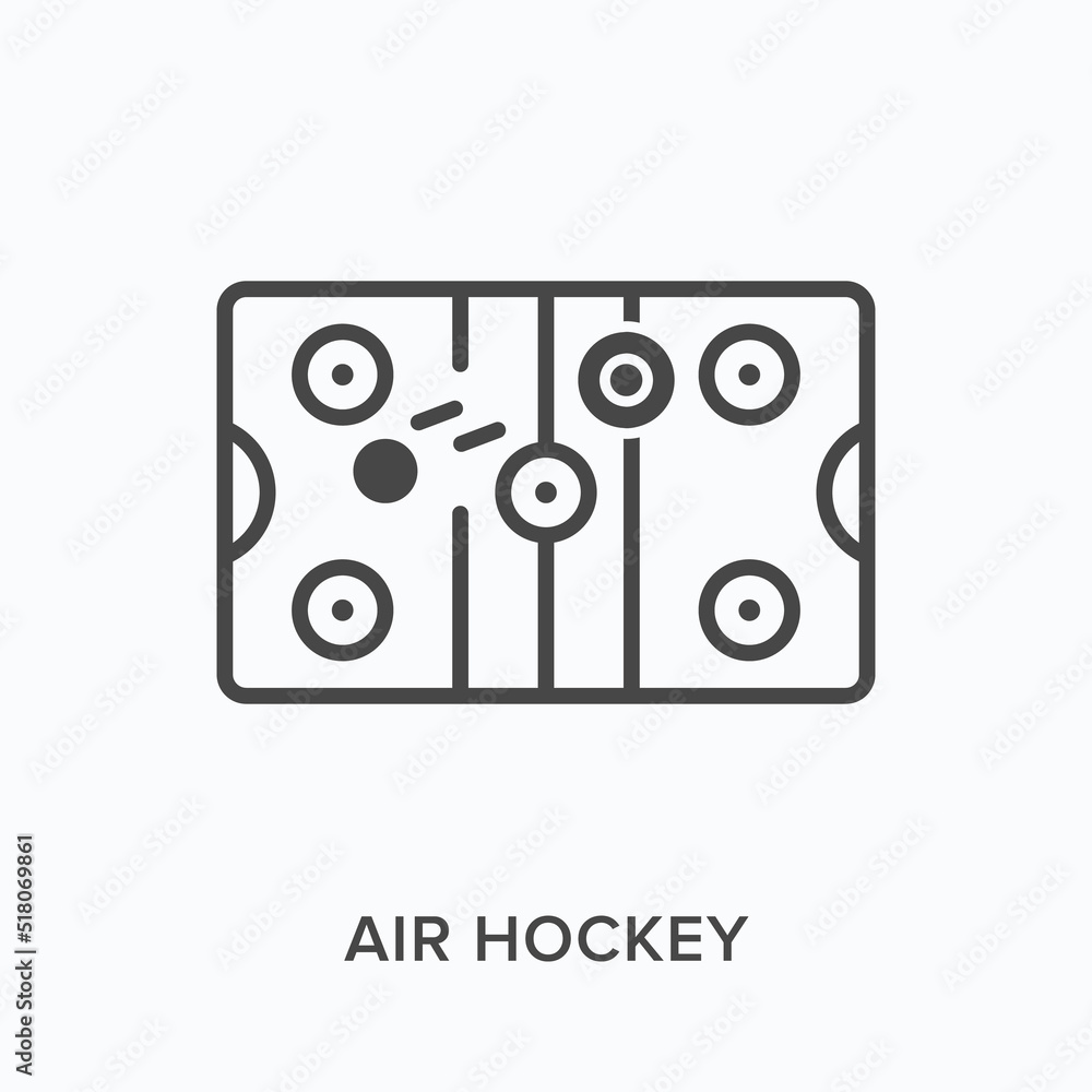 Air hockey flat line icon. Vector outline illustration of table table entertainment. Black thin linear pictogram for leisure games Air hockey flat line icon. Vector outline illustration of table table entertainment. Black thin linear pictogram for leisure games