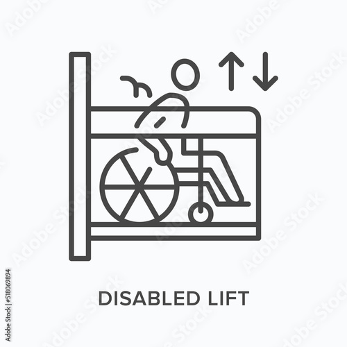 Elevator flat line icon. Vector outline illustration of lift for human with disabilities. Black thin linear pictogram for wheelchair