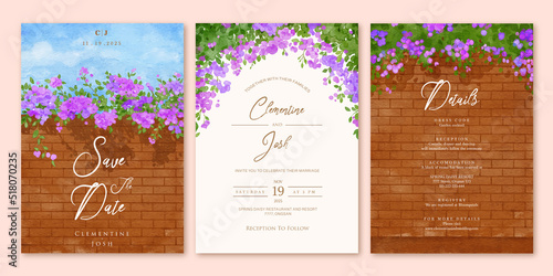 Set of wedding invitation template with watercolor bougainvillea flower brick wall landscape
