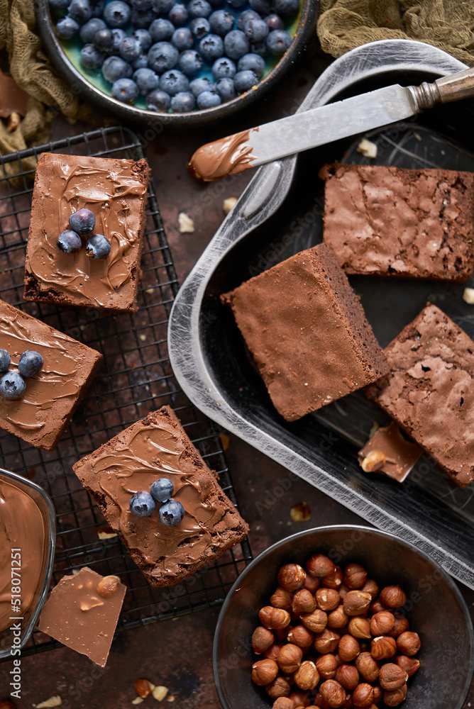 Composition of fresh homemade chocolate brownie squares melting chocolate and fresh blueberries Composition of fresh homemade chocolate brownie squares melting chocolate and fresh blueberries