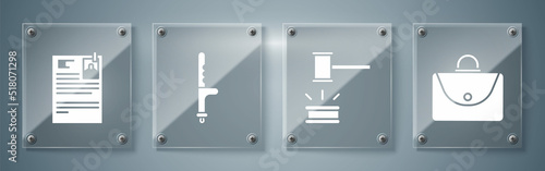 Set Briefcase, Judge gavel, Police rubber baton and Lawsuit paper. Square glass panels. Vector