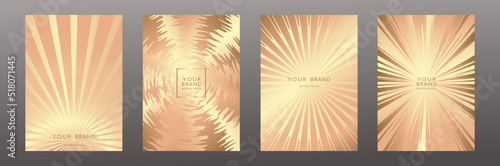 Luxury premium cover design set. Abstract shiny background with gold line pattern. Royal vector sunburst template for premium menu, formal invitation, flyer layout, bonus card, business catalog  
