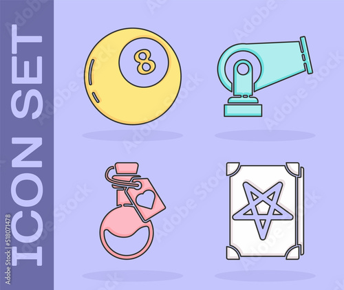 Set Ancient magic book, Magic ball of predictions, Bottle with love potion and Cannon icon. Vector