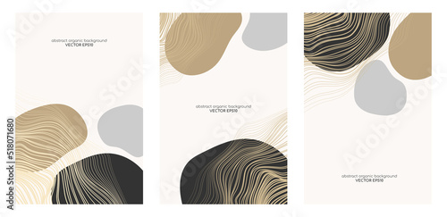Set of abstract backgrounds with organic shapes and hand draw line in pastel earth tone colors and gold wavy line. Minimal luxury modern design template with space for text. Vector illustration.