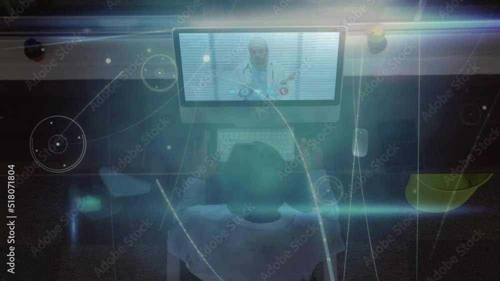 Animation of connections over african american man having video call on laptop Animation of connections over african american man having video call on laptop