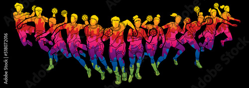 Group of Handball Players Male and Female Mix Action Cartoon Sport Graphic Vector