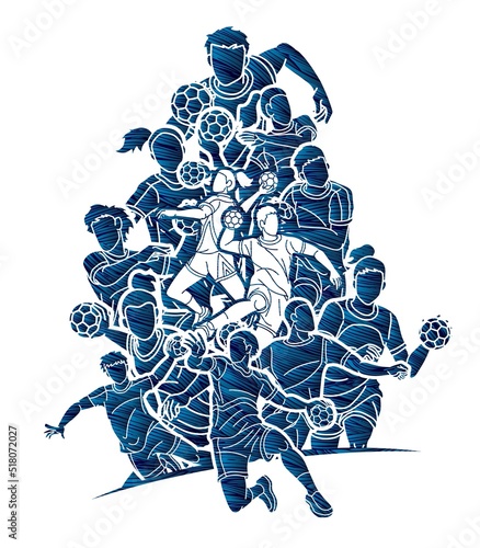 Group of Handball Players Male and Female Mix Action Cartoon Sport Graphic Vector