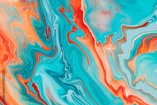 Liquid acrylic texture with smooth overflowing shapes made by inks mixing. Contemporary fluid art background with colorful swirls, whirlpools and waves. Fluent backdrop with color mixing effect.