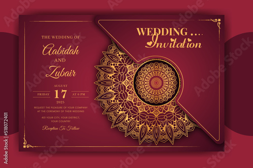 Luxury Mandala Wedding Invitation Card template with golden arabesque pattern Arabic Islamic east background style. Editable vector file. Decorative mandala for print, poster, cover, flyer, banner