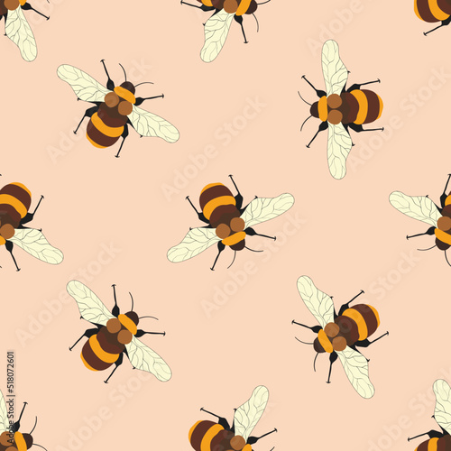 Seamless pattern with bees on color background. Small wasp. Vector illustration. Adorable cartoon character. Template design for invitation, cards, textile, fabric. Doodle style © Alla