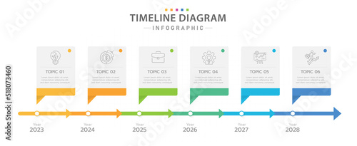 Infographic template for business. 6 Steps Modern Timeline diagram calendar with yearly topics, presentation vector infographic.