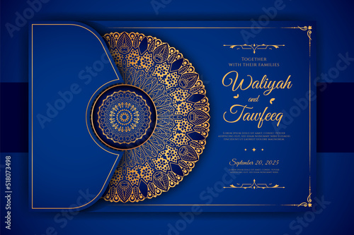 Luxury Mandala Wedding Invitation Card template with golden arabesque pattern Arabic Islamic east background style. Editable vector file. Decorative mandala for print, poster, cover, flyer, banner