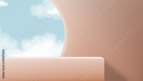 Autumn Studio room background 3D podium display on beige wall,Vector backdrop banner stand with cloud blue sky on window,Minimal mockup for Beauty,Cosmetic,Spa product presentation on Fall season