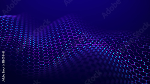 Futuristic purple wave of hexagonal grid on a blue background. The concept of big data. Network connection. Cybernetics and artificial intelligence. 3d rendering.