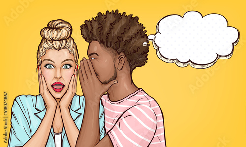 Vector pop art black man whispers to the ear gossips or secrets of surprised blonde girl. Shocked beauty woman with open mouth listen shocking news or information about sales, announcement, discounts.