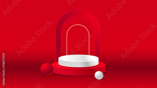 Minimlist background product podium display with 3d geometrical shape red and white color photo