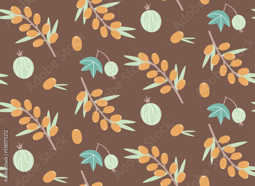 Seamless pattern with gooseberry and sea buckthorn. Texture with berries in flat style.