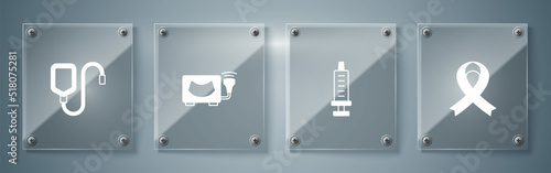 Set Awareness ribbon, Syringe, Ultrasound and IV bag. Square glass panels. Vector