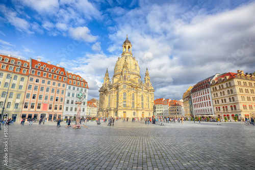 Amazing view of  of Baroque church - Frauenkirche at Neumarkt square in downtown of Dresden. photo